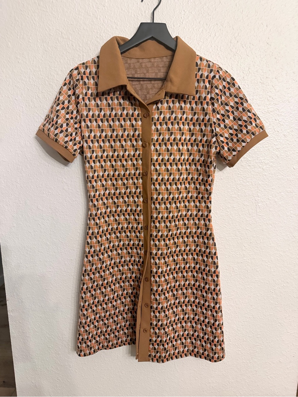 Patterned Brown Short Sleeve Button-Front Dress